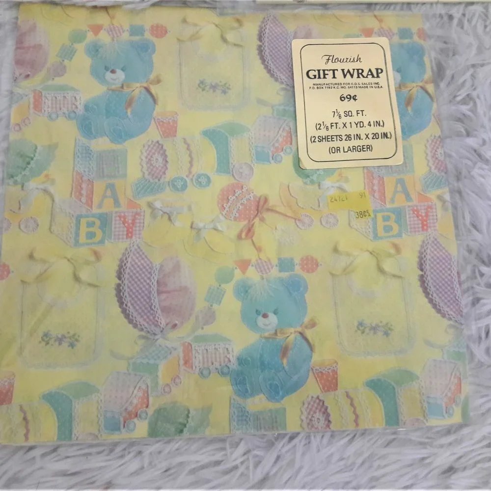 Lot 3 Vintage Packs Baby Flourish Wrap Wrapping Paper Bears NEW